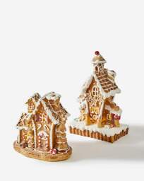 Lit Gingerbread Houses - Set of 2 Natural - FESTIVE - thumbnail 2