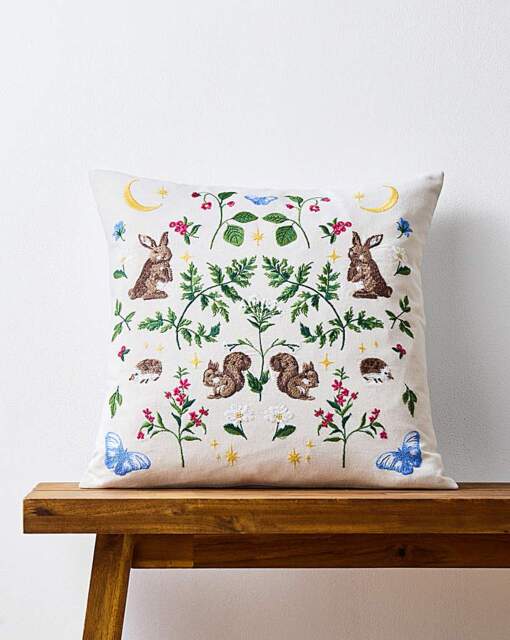 Woodland Animals Embroidered Cushion Cream - JD Williams - Size: 43X43 - image 1