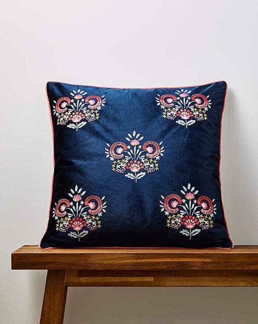 Millie Embroidered Floral Velvet Cushion Navy - At Home Collection - Size: 45X45 - image 1