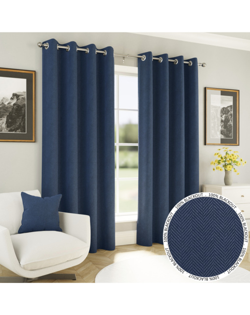 Chester Herringbone Eyelet Curtains Navy - Enhanced Living - Size: 168 x 137cm - image 1