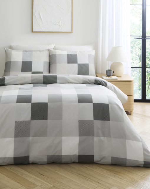 Darcy Check Cotton Blend Duvet Set Grey - Size: KING - image 1