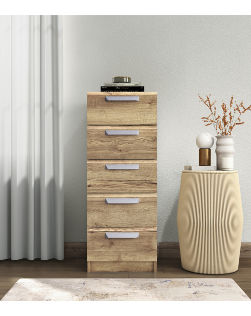 Lugo Assembled 5 Drawer Tallboy Chest OAK Effect - One Call