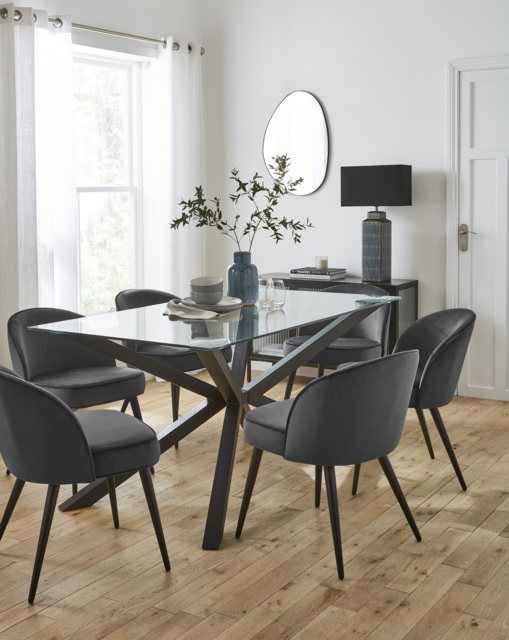 Bodie Table with 6 Emilie Velvet Chairs Black/Charcoal - image 1
