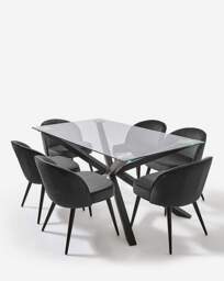 Bodie Table with 6 Emilie Velvet Chairs Black/Charcoal - thumbnail 3