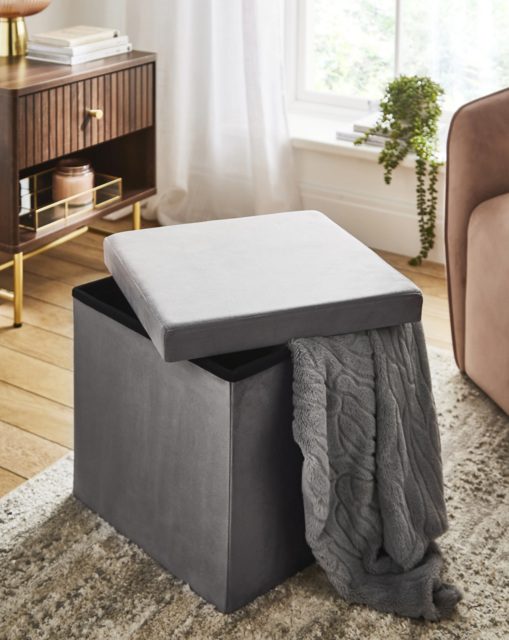 Velvet Foldable Storage Ottoman Cube Grey - JD Williams - image 1