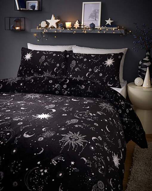 Moon & Stars Fleece Duvet Set Black/White - JD Williams - Size: KING - image 1
