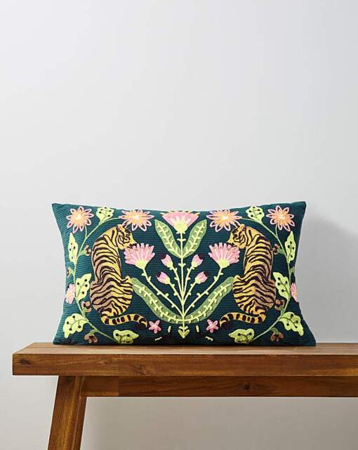 Embroidered Tigers Velvet Cushion Multi - JD Williams - Size: 30X50 - image 1