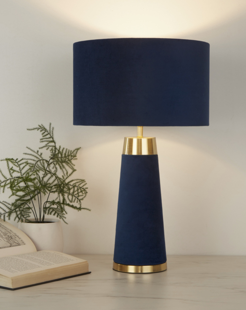 Velvet & Satin Brass Table Lamp Navy Blue - Searchlight - image 1