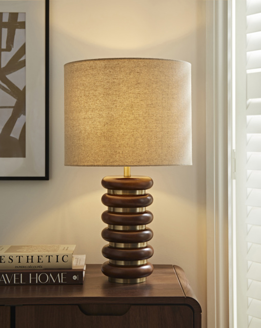 Wood & Brass Ribbed Table Lamp Brown - Searchlight - image 1