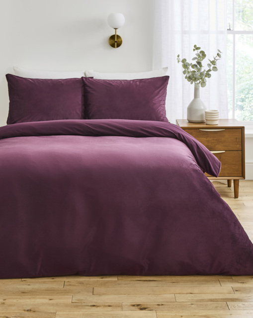 Soft Plain Velvet Duvet Cover Set Plum - JD Williams - Size: SINGLE - image 1