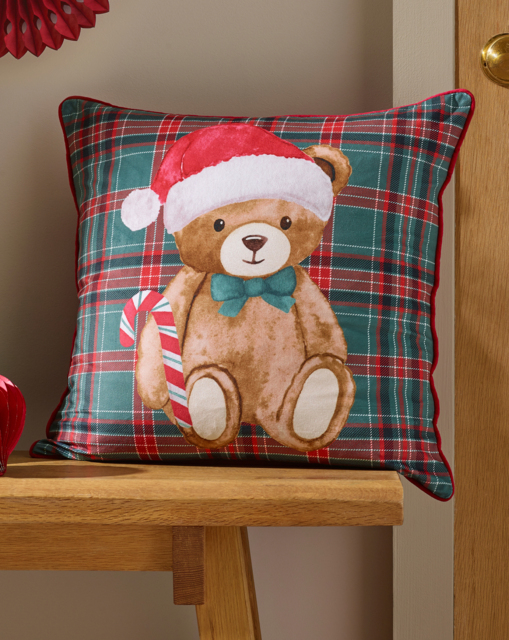 CL Christmas Tartan Teddy Bear Cushion Multi - Catherine Lansfield - Size: 45X45CM - image 1