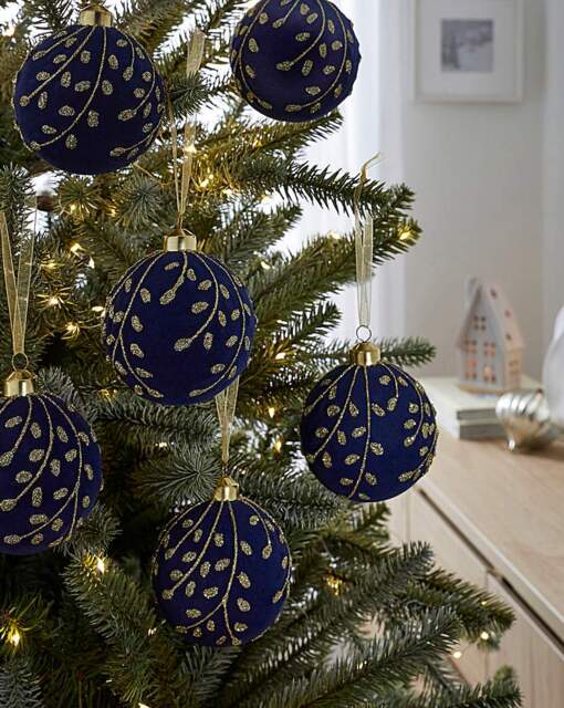 Set of 6 Flocked Navy and Gold Baubles Navy - FESTIVE - image 1