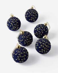 Set of 6 Flocked Navy and Gold Baubles Navy - FESTIVE - thumbnail 2