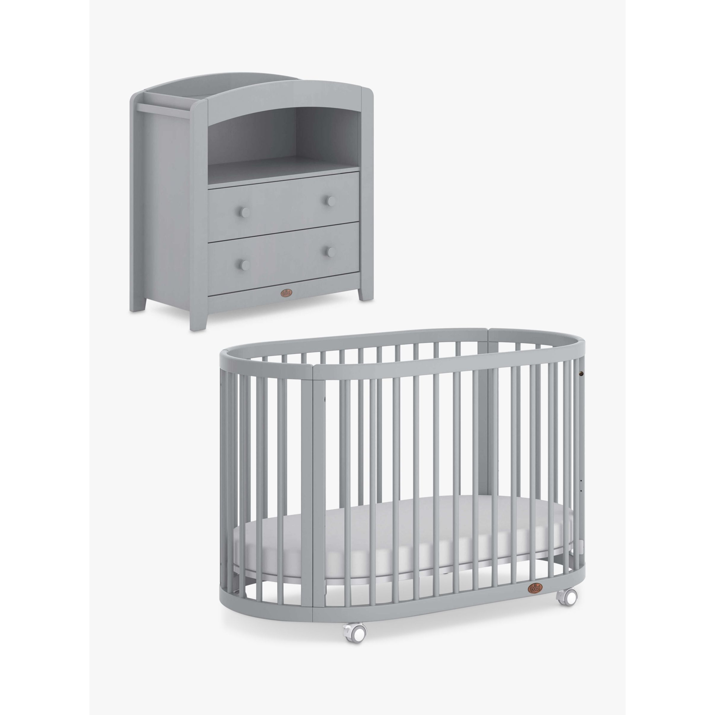 Boori Oasis Oval Cot with Mattress & Curved 2 Drawer Chest, Pebble