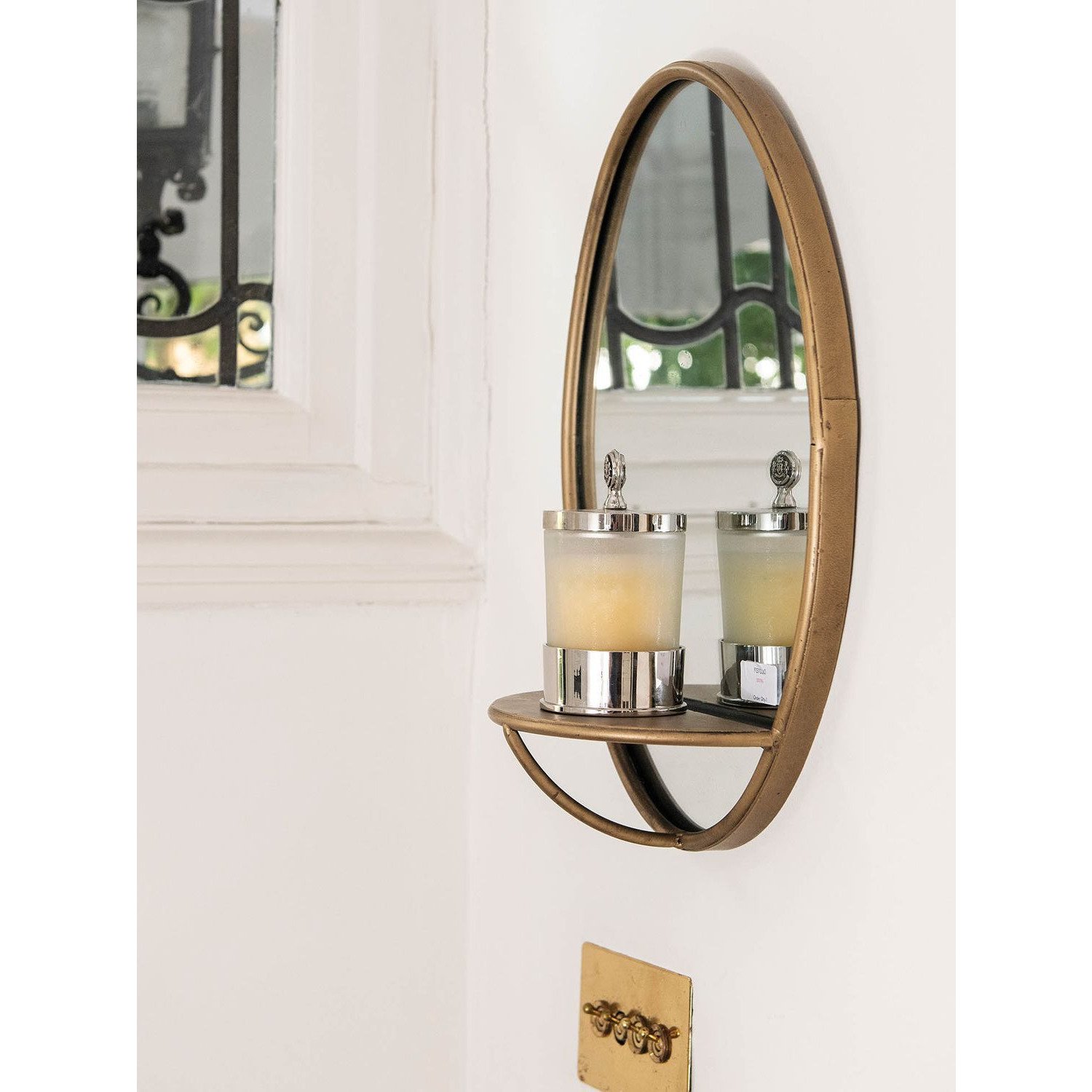 One.World Granville Oval Metal Wall Mirror with Shelf, 45 x 30.3cm, Brass - image 1