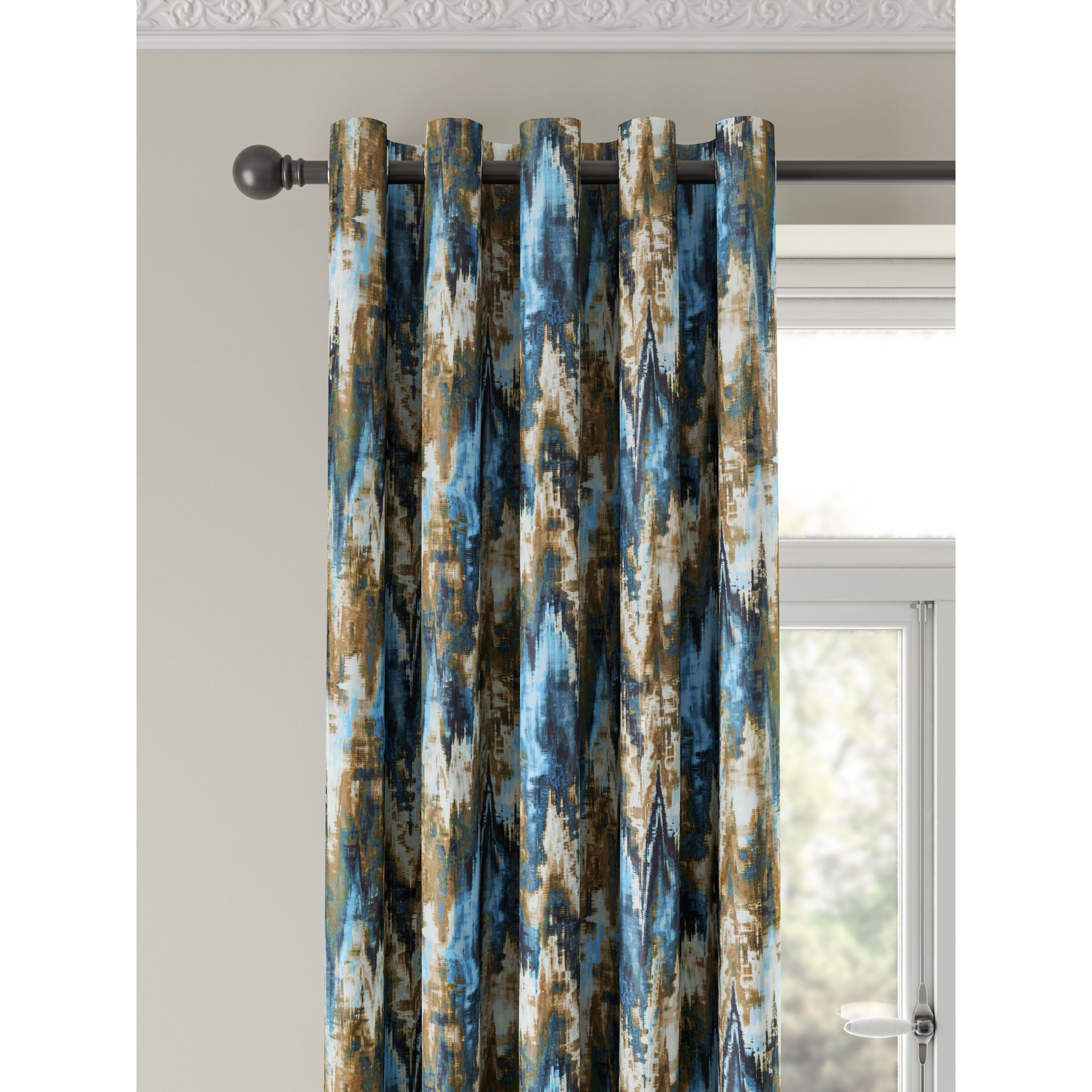 Harlequin Distortion Blue Pair Lined Eyelet Curtains, Navy/Ochre