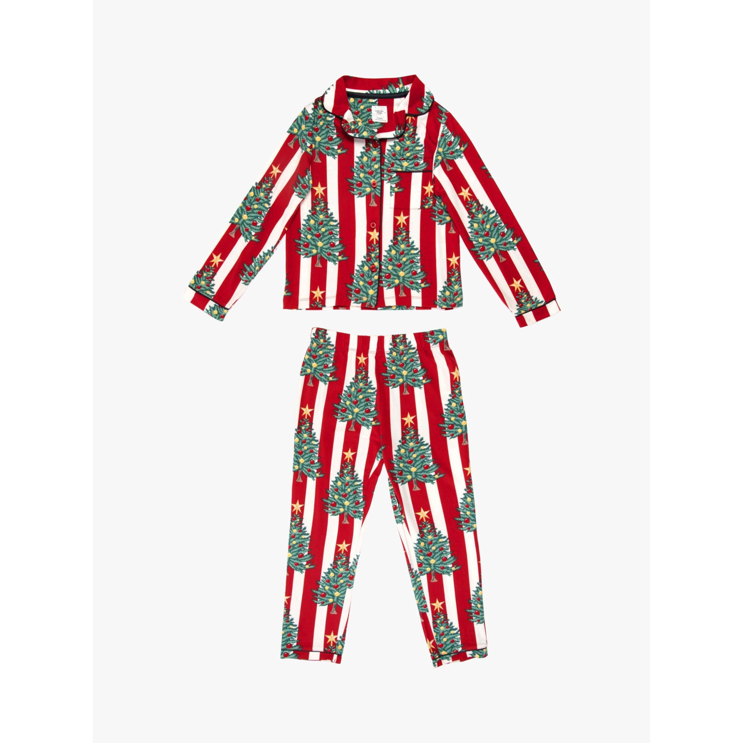Chelsea Peers Kids' Christmas Tree & Stripe Print Pyjama Set, Red