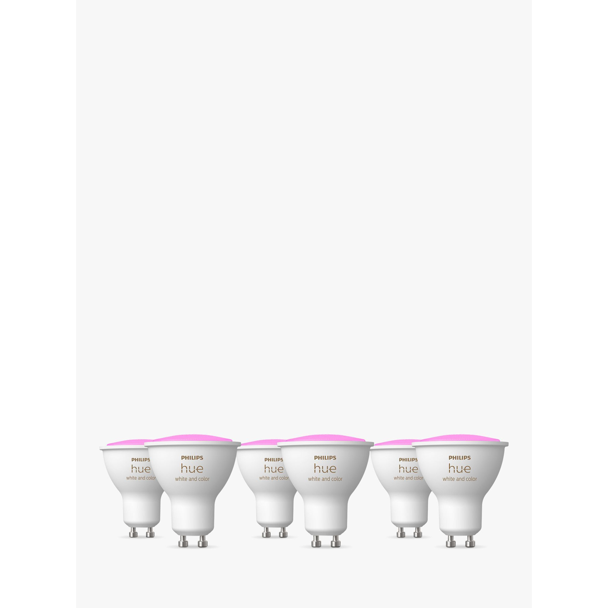Philips Hue White and Colour Ambiance Wireless Lighting LED Colour Changing Light  Bulb with Bluetooth, 5.7W GU10 Bulb, Pack of 6 by John Lewis & Partners