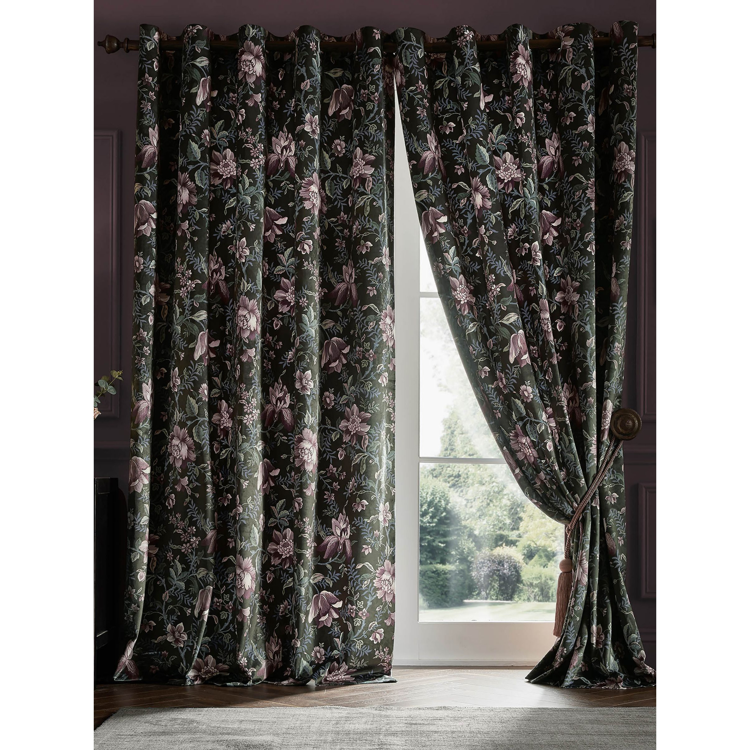 Laura Ashley Edita's Garden Pair Lined Eyelet Curtains, Charcoal - image 1