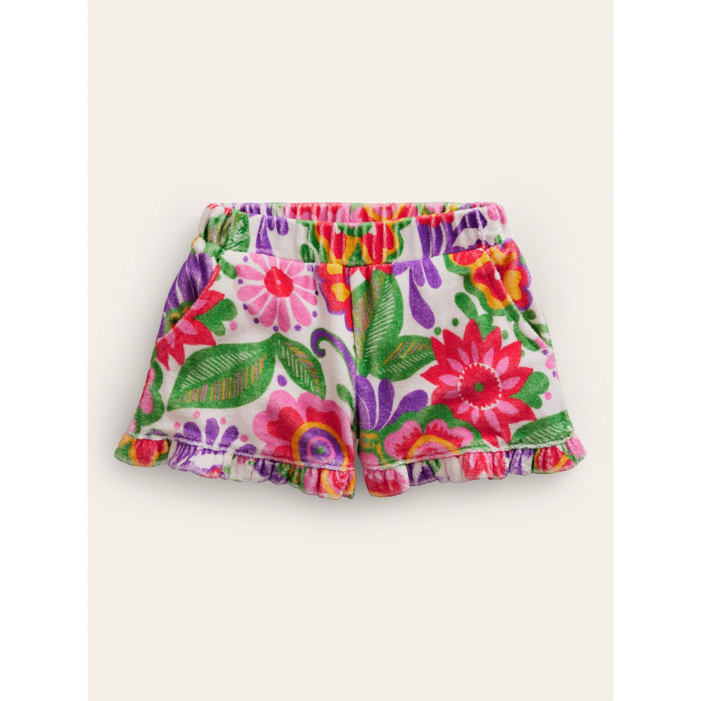Mini Boden Kids' Floral Print Frill Towelling Shorts, Multi Festiflo