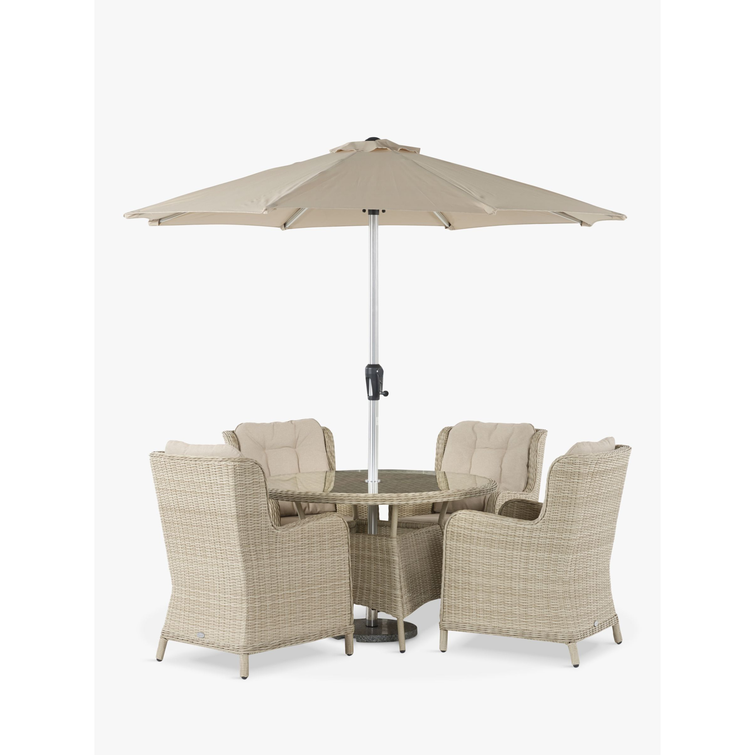 Bramblecrest Chedworth 4-Seater Garden Round Dining Table & Chairs Set with Parasol, Sandstone - image 1