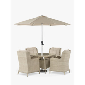 Bramblecrest Chedworth 4-Seater Garden Round Dining Table & Chairs Set with Parasol, Sandstone