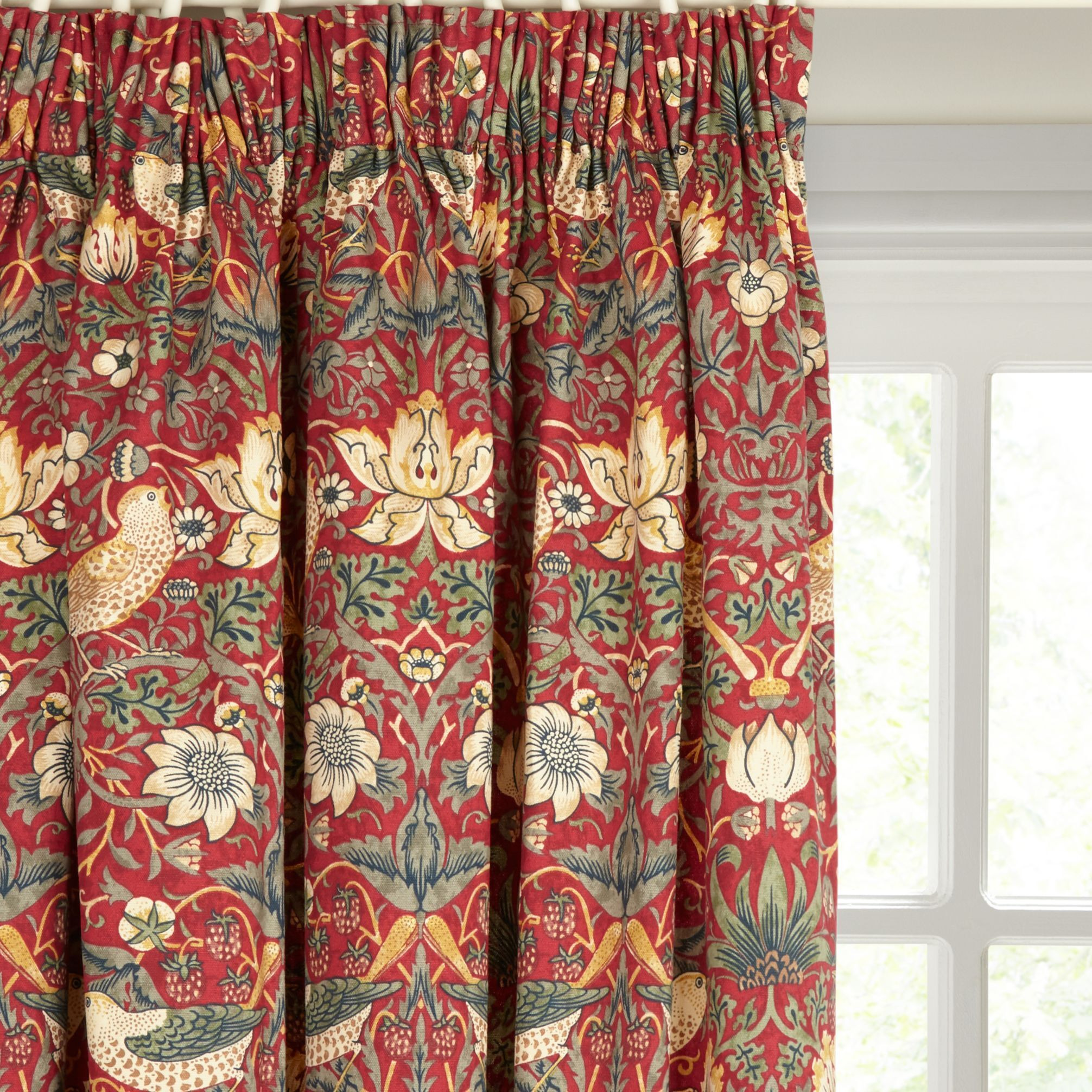 Morris & Co. Strawberry Thief Pair Lined Pencil Pleat Curtains, Red - image 1
