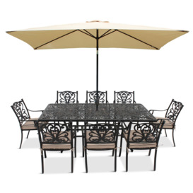 LG Outdoor Devon 8 Seater Garden Dining Table and Chairs Set with Parasol, Bronze
