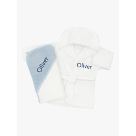 Babyblooms Personalised Baby Bathrobe with Luxury Hooded Baby Towel, White/Blue - thumbnail 1