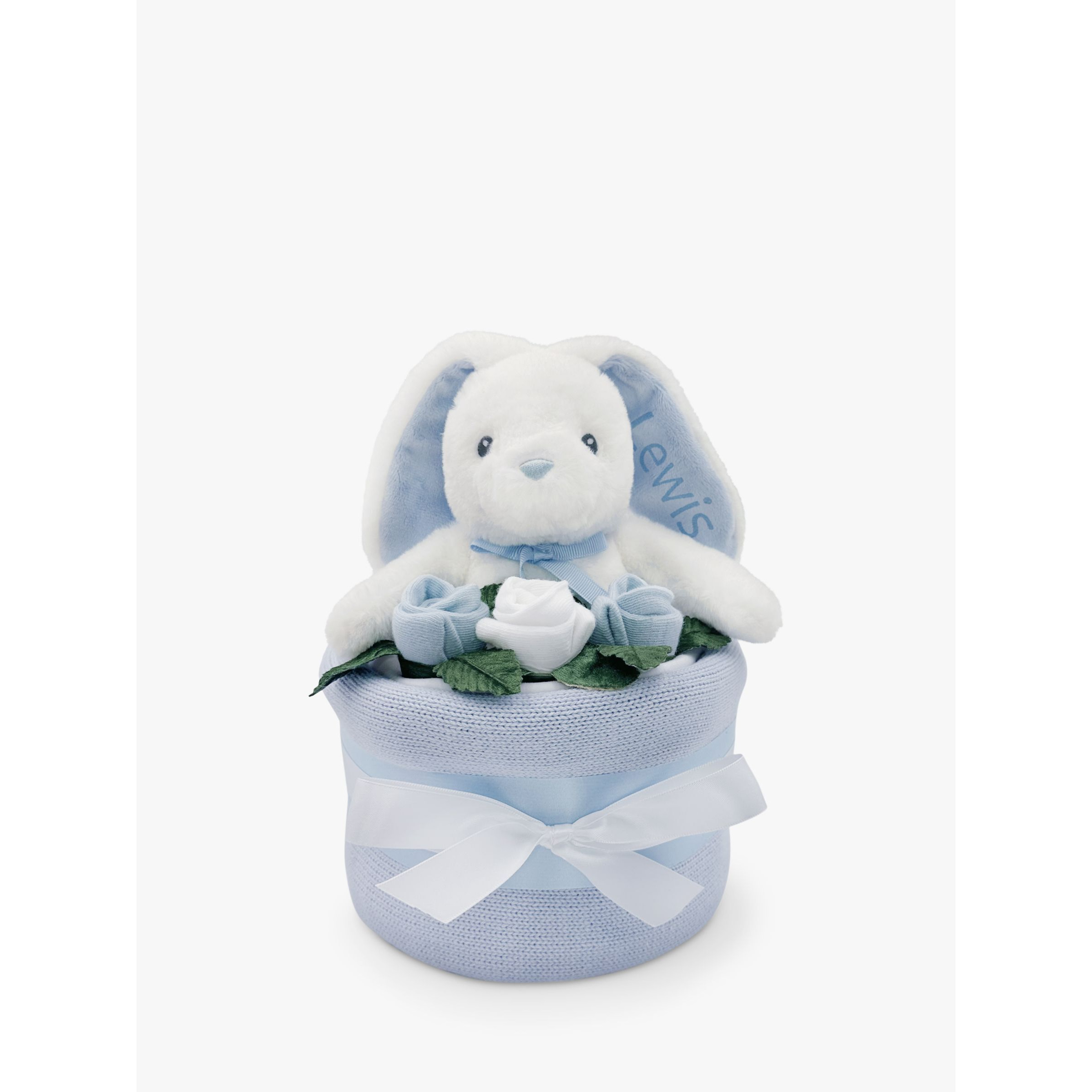Babyblooms Blanket Cake with Personalised Baby Bunny Soft Toy, Light Blue - image 1