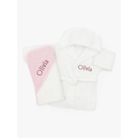 Babyblooms Personalised Baby Bathrobe with Luxury Hooded Baby Towel, White/Pink