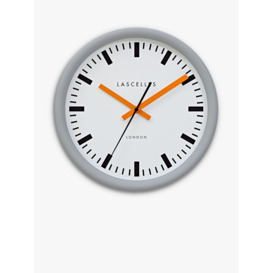 Lascelles Swiss Station Silent Sweep Wall Clock, 30cm, Grey/Orange - thumbnail 1