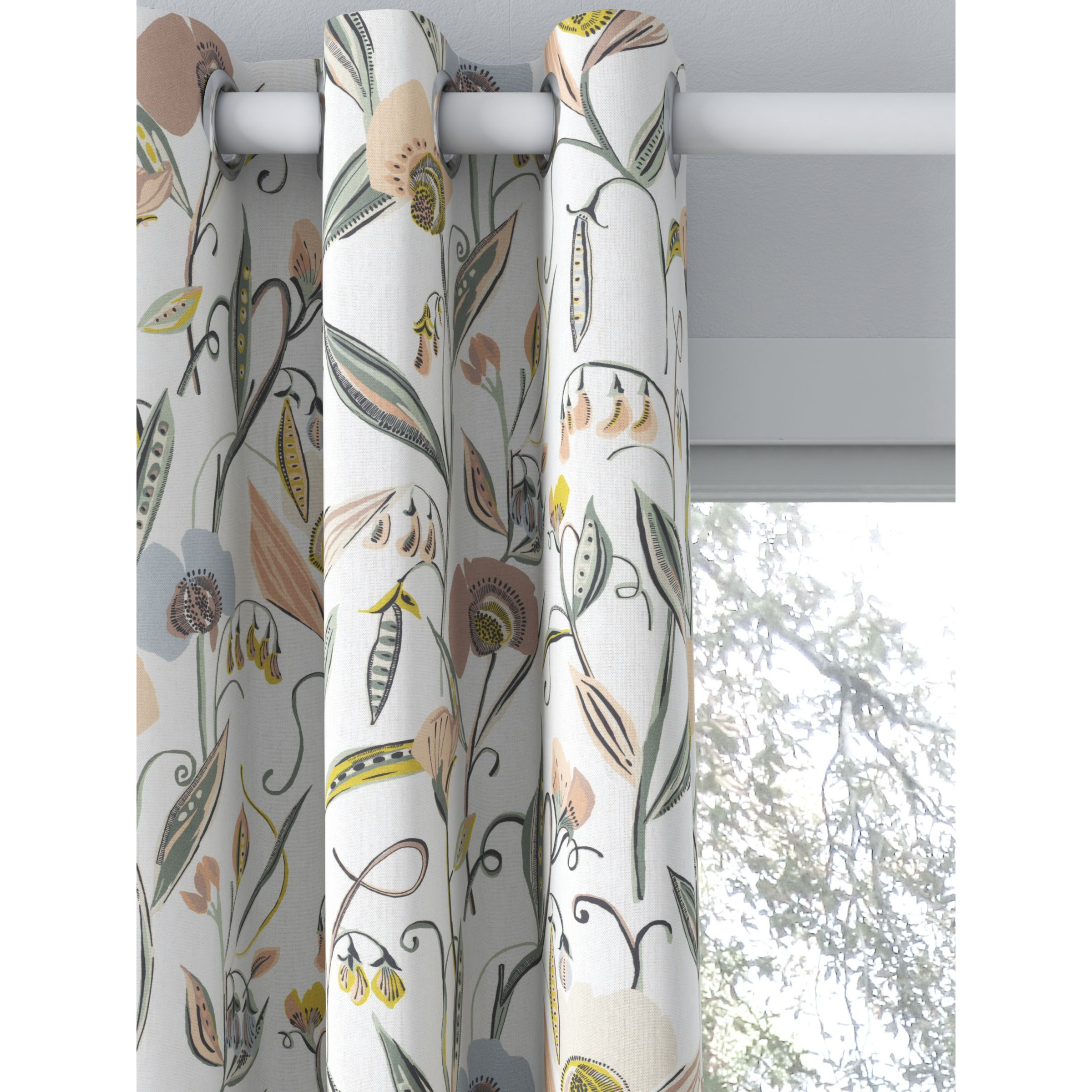 John Lewis Pea Blossom Print Pair Blackout/Thermal Lined Eyelet Curtains, Multi - image 1