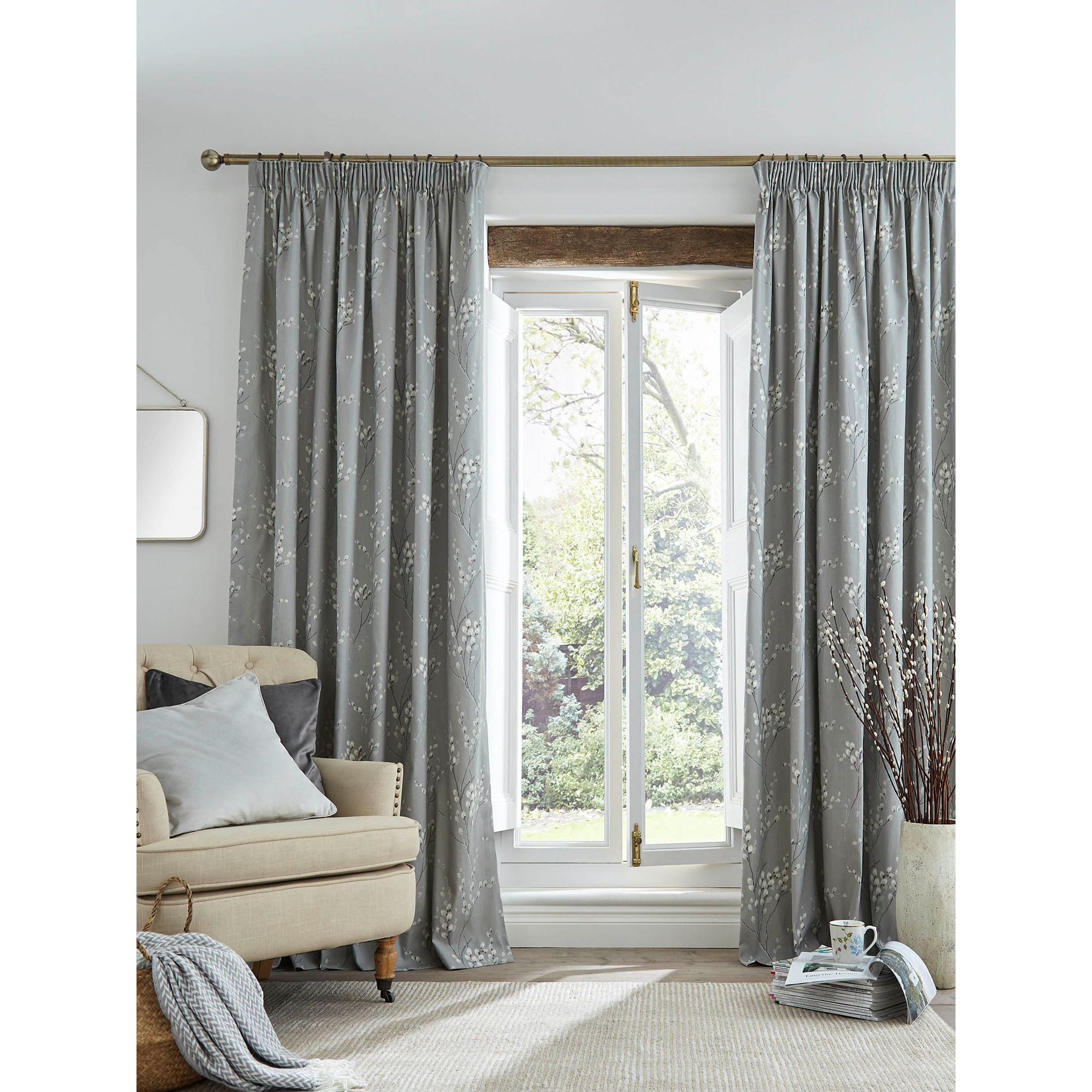 Laura Ashley Pussy Willow Pair Lined Pencil Pleat Curtains, Steel - image 1
