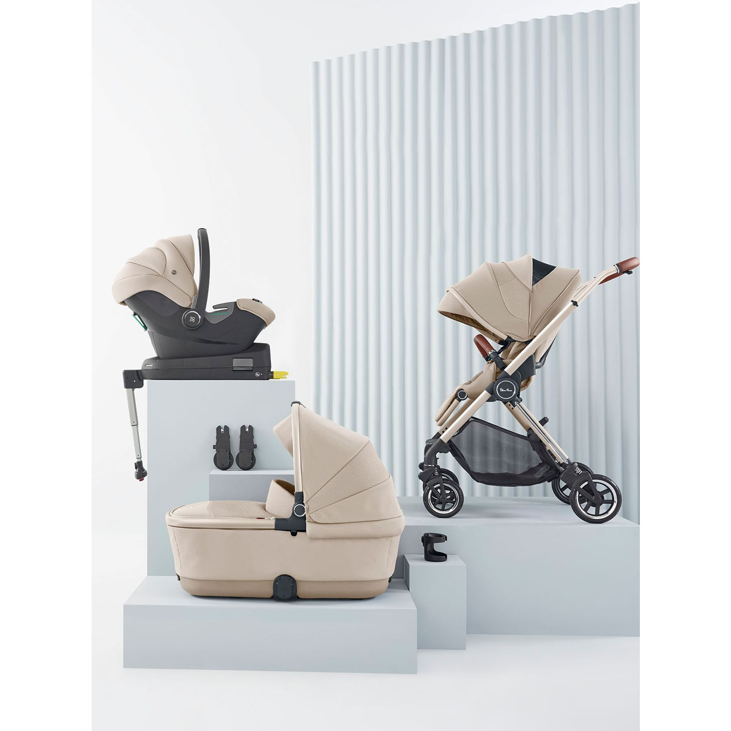 Silver Cross Dune Pushchair & Dream Car Seat Travel Pack with First Bed Folding Carrycot