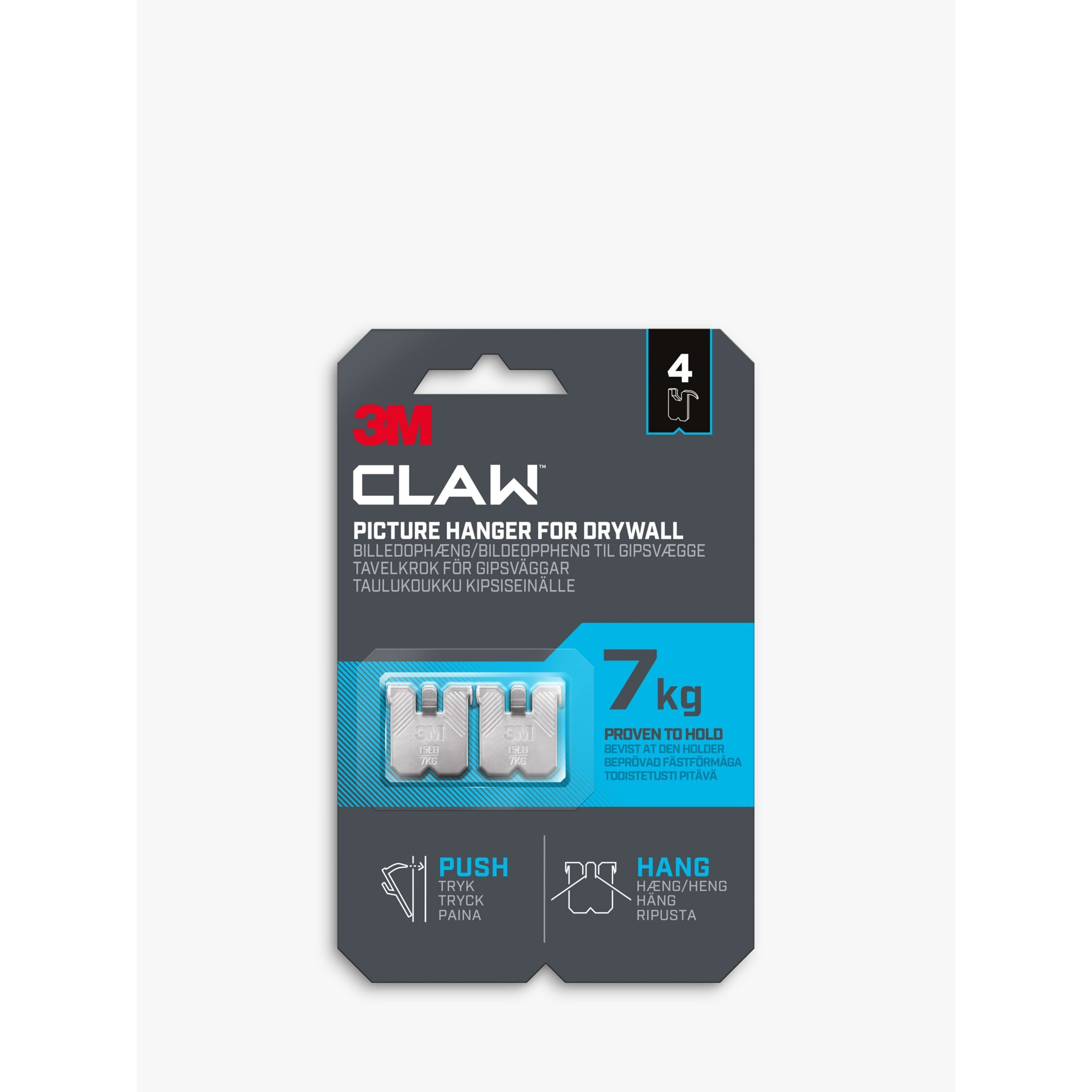 3M CLAW 3M Steel Claw Drywall Picture Hanger, Pack of 4, 7kg by John Lewis  & Partners