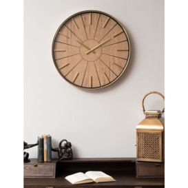 Libra Interiors Riley Wood-Effect Analogue Wall Clock, 60cm, Gold/Brown - thumbnail 2