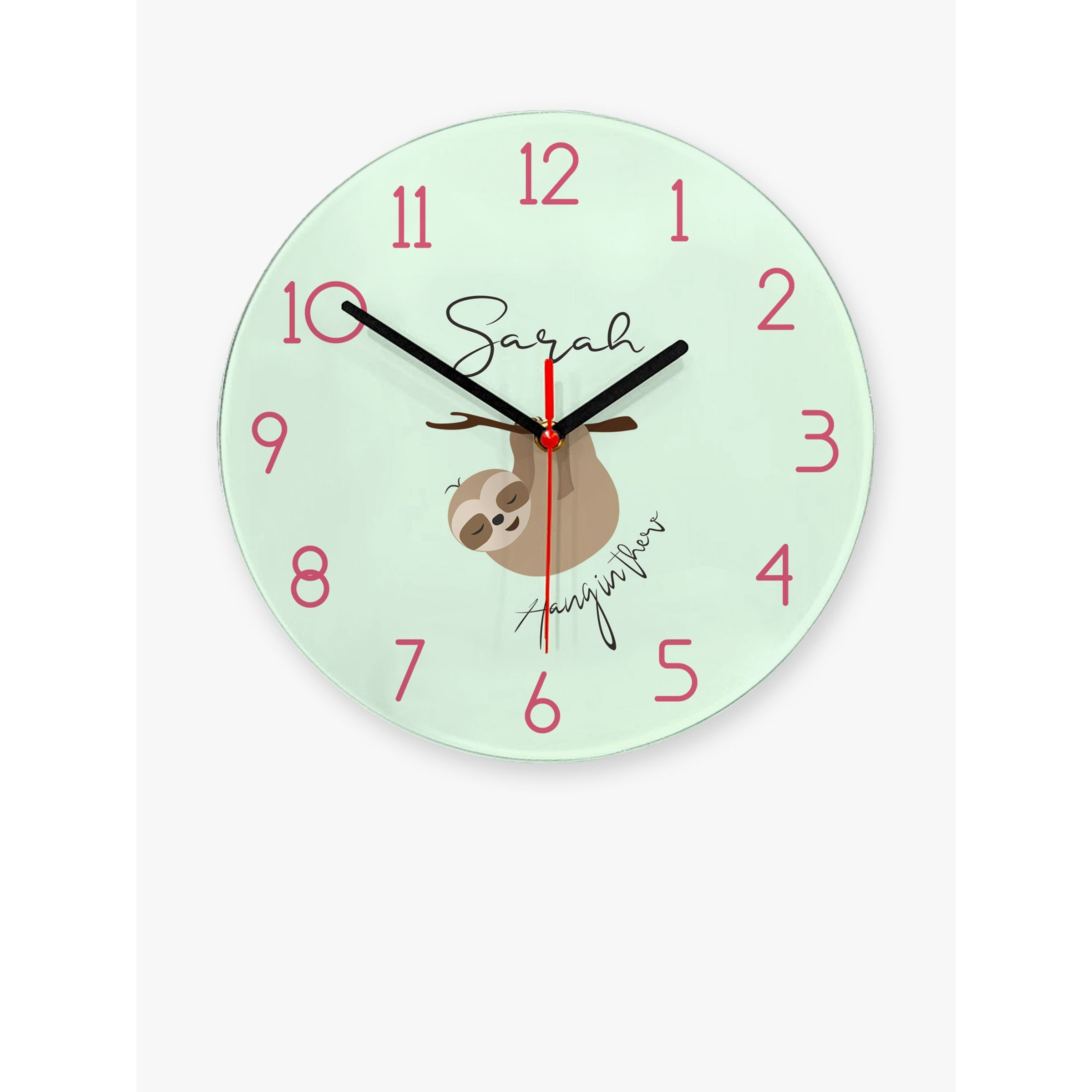 Treat Republic Kids' Personalised Sloth Glass Wall Clock, 20cm, Mint - image 1