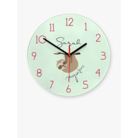 Treat Republic Kids' Personalised Sloth Glass Wall Clock, 20cm, Mint - thumbnail 1