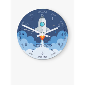 Treat Republic Kids' Personalised Space Shuttle Glass Wall Clock, 20cm, Blue