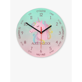 Treat Republic Kids' Personalised Unicorn Glass Wall Clock, 20cm, Pink/Multi - thumbnail 1
