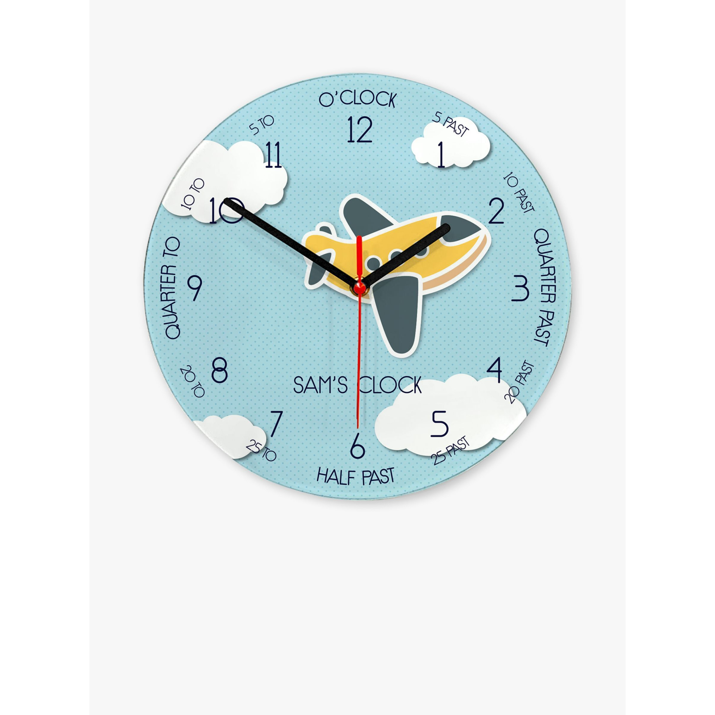 Treat Republic Kids' Personalised Aeroplane Glass Wall Clock, 20cm, Blue - image 1