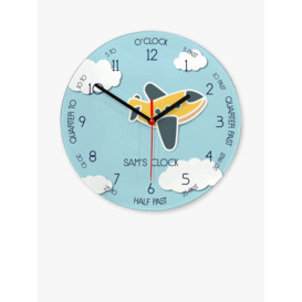 Treat Republic Kids' Personalised Aeroplane Glass Wall Clock, 20cm, Blue - thumbnail 1