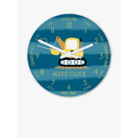 Treat Republic Kids' Personalised Digger Glass Wall Clock, 20cm, Blue - thumbnail 1