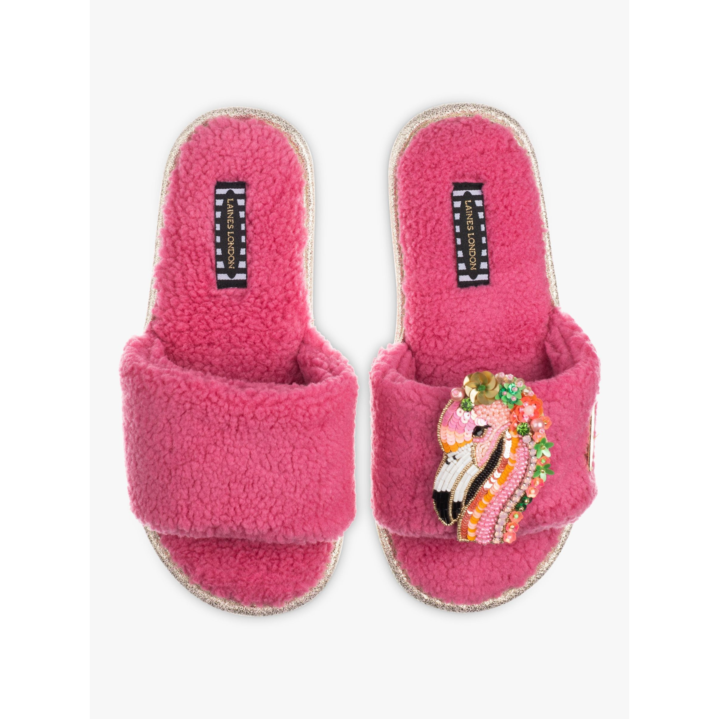 Laines London Teddy Towelling Flamingo Slider Slippers