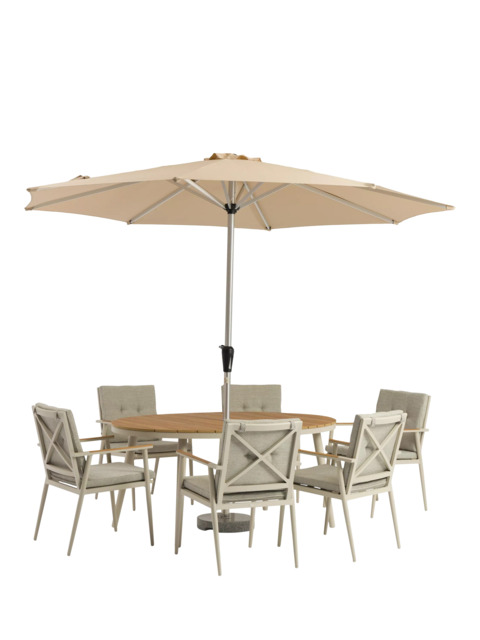 Bramblecrest RHS Wisley 6-Seater Ellipsis Garden Dining Table & Chairs Set with Parasol, Mocha - image 1