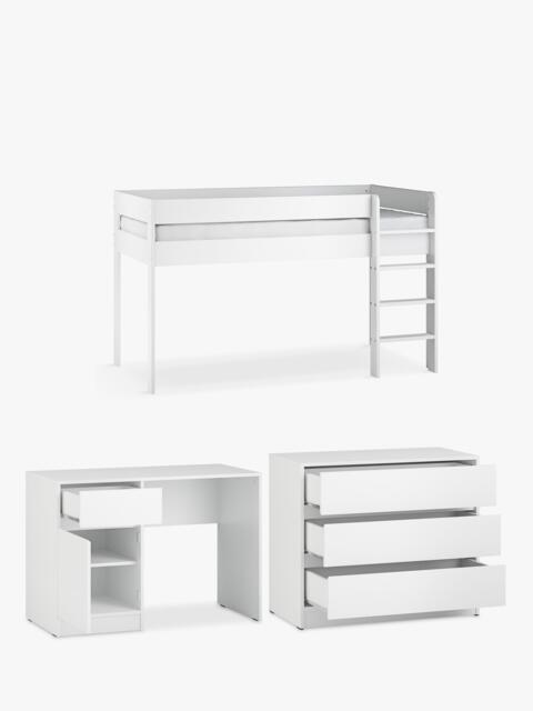 Little Acorns Furniture Mid Sleeper Bed Frame, 3 Drawer Chest and Desk Bundle, White