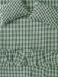 Piglet in Bed Gingham Linen Blend Fitted Sheet, Pine Green - thumbnail 1