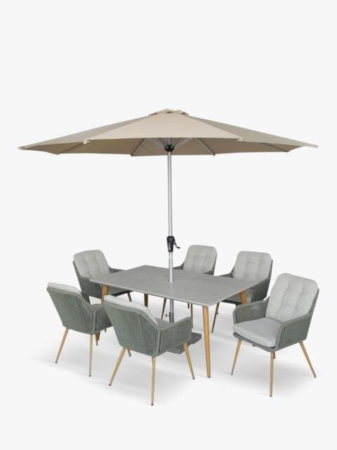 Bramblecrest Como 6-Seater Rectangular Garden Dining Table & Chairs Set with Parasol & Base, Fern Green - image 1