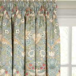 Morris & Co. Strawberry Thief Pair Lined Pencil Pleat Curtains, Duck Egg - thumbnail 1